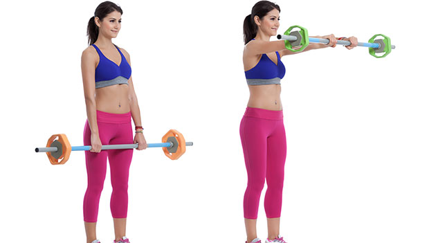 woman performing front barbell raise