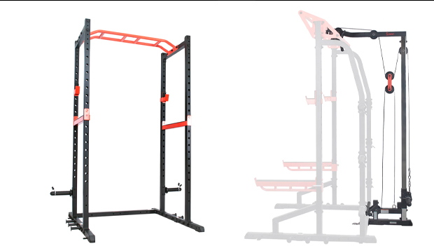 Sunny Health & Fitness Power Zone Strength Rack Power Cage Squat Rack with Lat Pulldown Pulley System Attachment